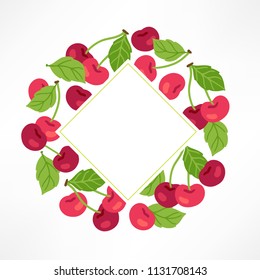 Fruit greeting card with cherry and rhombus blank label. Perfect for summer and holiday invitations.