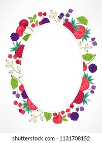 Fruit greeting card with cherry, strawberry, currant, cowberry, blackberry and oval blank label. Perfect for summer and holiday invitations.