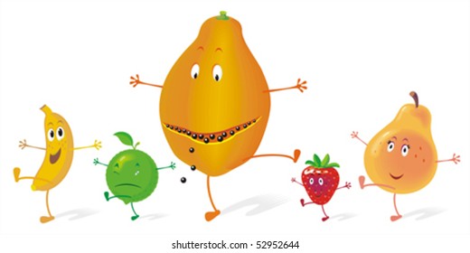 Fruit group enjoying a dance. No gradient vector. Easy to create new scenes by moving a few elements.