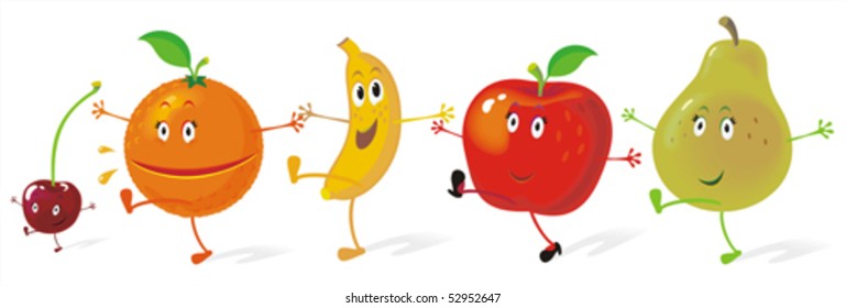 Fruit group enjoying a dance. No gradient vector. Easy to create new scenes by moving a few elements.