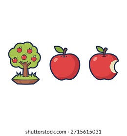 Ciclo de crecimiento de la fruta que muestra un manzano, una manzana roja entera y un carácter de manzana mordida.