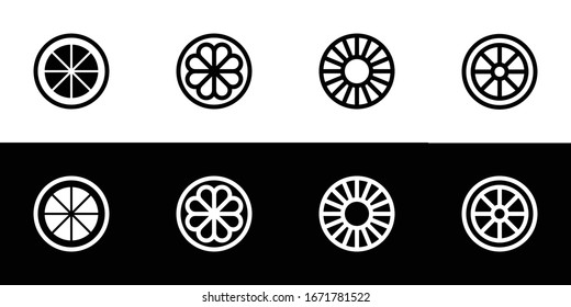 Fruit half cut icon set. Orange, mangosteen, pineapple, and lemon. Flat design icon collection isolated on black and white background.