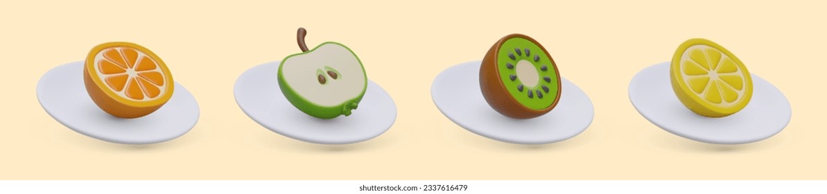 Fruit halves on white saucers. 3D isolated vector illustration. Served orange, apple, kiwi, lemon. Natural food, vitamin snack. Set of three dimensional color icons