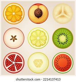 Fruit halves vector icons. Orange, melon, watermelon, peach, banana, red apple, lemon, kiwi, pomegranate cut cartoon illustration