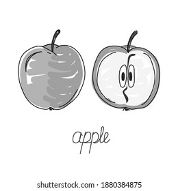 Fruit hand black and white drawn. Fruits. Whole and sliced apple. Half, pie apple. Apple doodle icon isolated on white background.  Set apples fruit sketch vector illustration with handwritten text.  