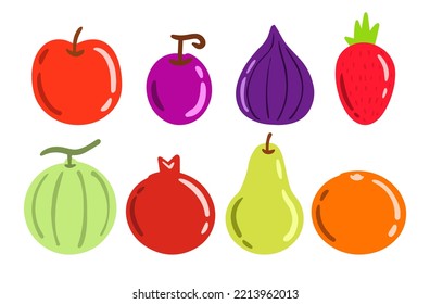 Fruit hand drawn collection illustration. Apple, grape, fig, strawberry, melon, pomegranate, pear, orange vector.