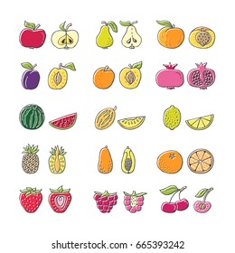 Fruit hand drawn icon set in flat style. Perfect vector design elements for decorations, organic food pattern, wrapping paper, bio products wallpaper