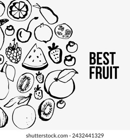 Fruit hand drawn illustratoin. Healthy meal, diet, nutrition. Organic food restaurant and support farmers market concept. Fruits composition with place for your text.