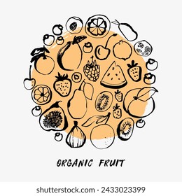 Fruit hand drawn illustratoin. Healthy meal, diet, nutrition. Organic food restaurant and support farmers market concept. Fruits composition with place for your text.