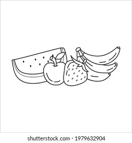 la fruta, dibujada en línea. blanco y negro. Elementos de diseño vectorial perfectos para decoraciones, patrones de alimento orgánico, papel de envoltura, libro de coloración, etc.