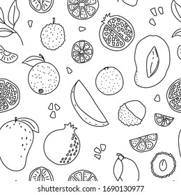 Fruit hand drawn vector pattern. mango, lychee, orange, pomegranate, lime, tangerines