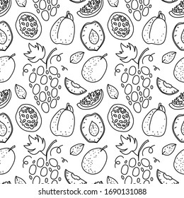 Fruit hand drawn vector pattern. grape, passionfruit, plum, nectarines