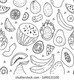 Fruit hand drawn vector pattern. watermelon, dragonfruit, avocado, banana, papaya, kiwi, guava