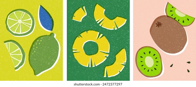 Fruit Hand Made, retro style fruit illustration with retro print effect. Lime, Pineapple, Kiwi.