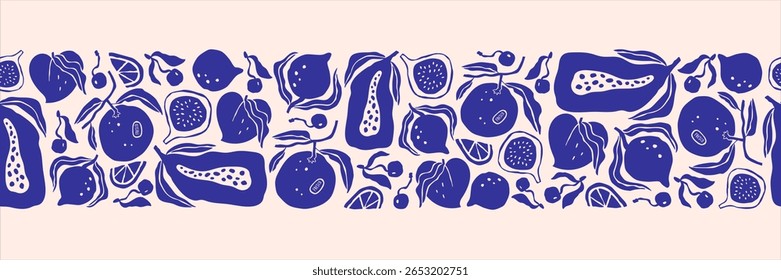 Fruit hand-drawn seamless border with lemon, papaya and others. Retro vibes in naive Mediterranean style. Perfect for fabric, kitchen decor, wrapping, and summer food design.