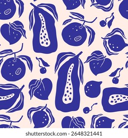 Fruit hand-drawn seamless pattern with lemon, papaya and others. Retro vibes in naive Mediterranean style. Perfect for fabric, kitchen decor, wrapping, and summer food design.