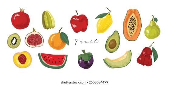 Obst in handgezeichnetem Stil-Set , Zeichnung von Lebensmittelelementen für Design-Menü Etikettenverpackungen . Symbole, Vektorgrafik