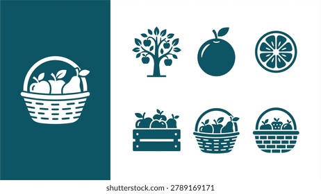 Fruit Harvest and Basket Vector Icon Set