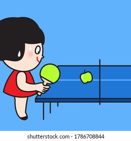 Fruit Hater Girl Hitting A Green Apple With Her Bat On Table Tennis Table Concept Card Character illustration