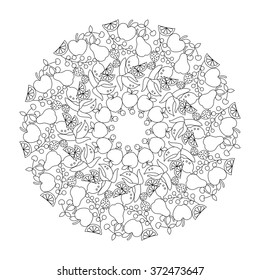 Fruit and healthy eating mandala with apples, bananas, berries, lemons and peaches, adult coloring