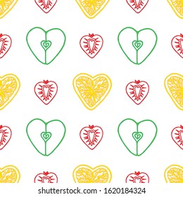 Fruit Heart pattern. Stylized fruit in the shape of a heart. Seamless citrus heart-like background. The love of fruit. Valentine's Day. Hand drawing. Background for design of gift wrapping.