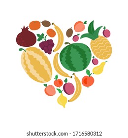 fruit in heart shape. Set fruits icons forming heart shape. Vegetarian food icons. Healthy cartoon flat food illustration. hand drawn Vector