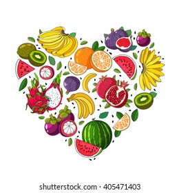 Fruit heart. Various summer fruits are laid out in the shape of a heart. Vector illustration on white background. Excellent summer poster. Fruit icons.