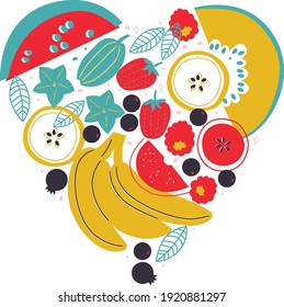 Ilustración del vector del corazón de frutas. Resumen de la impresión de afiches de fruta. ¡Me encantan las frutas!