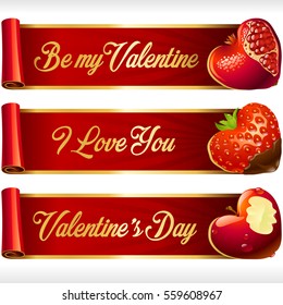 Fruit Hearts and Red Ribbons horizontal Banners set. Juicy Pomegranate, Chocolate Covered Strawberry, and Bitten Apple. Valentines Day celebration or Romantic Lovely Frames Design. Vector Illustration