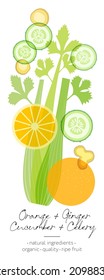 Fruit, herb and vegetable detox. Cucumber, orange, celery and ginger mix. Beautiful transparency whole and cut fruits.