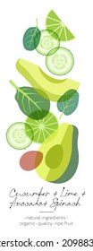 Fruit, herb and vegetables detox. Avocado, cucumber, spinach and lime mix. Beautiful transparency whole and cut fruits.