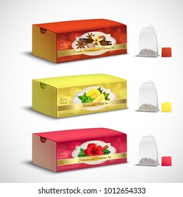 Fruit and herbal whole leaves teabags box packages realistic set with lemon mint hibiscus flavors vector illustration 