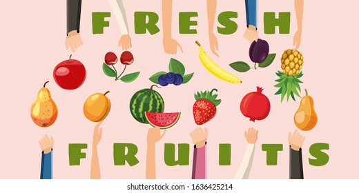 Fruit horizontal banner concept hand fresh choice. Cartoon illustration of fruit hand fresh choice vector horizontal banner for web