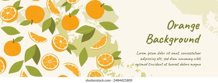 Fruit horizontal web sale banner. Abstract oranges on elegant decorative background. Vector illustration for header website, card or coupon, price tags