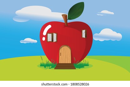 Fruit house on the lawn,Vector apple house on grass with a green