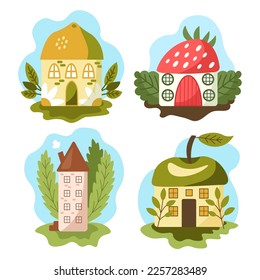 Fruit houses vector collection. Cute fruit taste fairytale houses set with lemon, strawberry, apple and mint taste for tea, products
