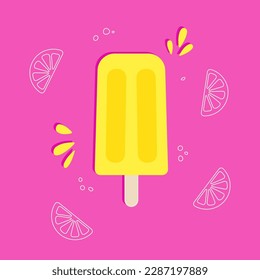 fruit ice, blue ice cream with lemon flavor. fruit ice, ice cream with white hand drawn one line lemon slices