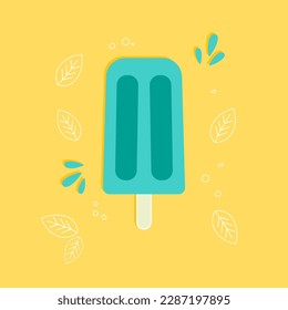 fruit ice, blue ice cream with mint flavor. fruit ice, ice cream with white leaves in one line