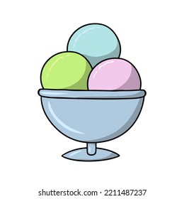 Fruit ice cream balls in a silver glass, vector illustration in cartoon style on a white background