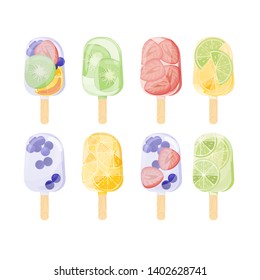 fruit ice cream bar, real , fresh , healthy and homemade concept. pastel and colorful icecream isolate on white. vector illustration