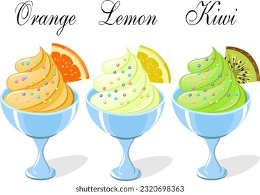 Helado de fruta en tazones.Ilustración vectorial con paletas en tazones en un fondo transparente con texto.