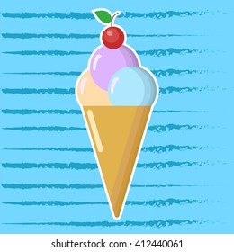 Fruit ice cream with cherry on blue background