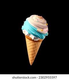 Fruit ice cream with colorful cream in a waffle cup. Vector illustration