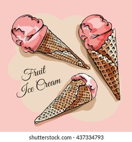 Fruit Ice Cream cone. Vector illustration.