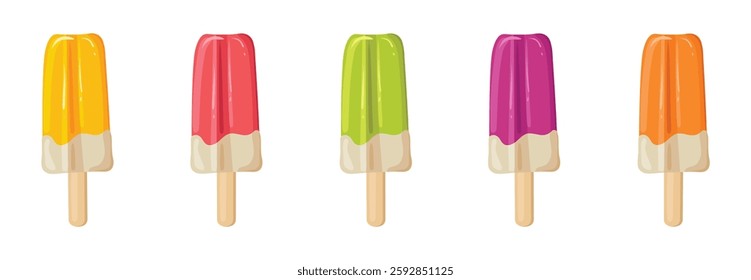 Fruit ice cream of different colors and flavors. Strawberry, lemon, berry and apple. Set of vector images of frozen juice on a transparent background.