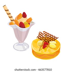 Fruit ice cream in glass and honey lemon cake with chocolate