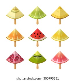 Fruit ice cream icon set. Slices of lemon, kiwi, orange, pomegranate, grapefruit, lime, watermelon, melon, pomegranate on sticks. Vector, EPS 10