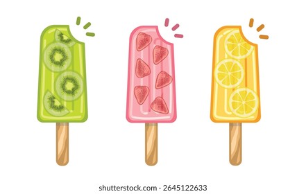 Fruit ice cream with kiwi, strawberries and lemon, vector, sticker.