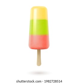 Fruit ice cream, lolly on stick, frozen fruity popsicle. Colorful green, yellow and red summer dessert of fresh juice isolated on white background. Realistic 3d vector illustration