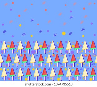 Fruit ice cream made of watermelon and melon  pattern. Ice cream on stick for summer ornament background. Cold and hot temperatures for comfort. Horizontal background for packaging design, advertising